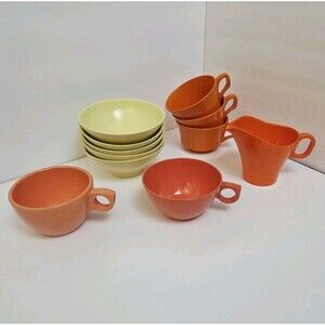 MCM Mixed Lot Melamine Dining 5 Cups 5 Sm Bowls, 1 Creamer Harvest Orange/Yellow